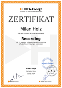 HOFA Recording Zertifikat